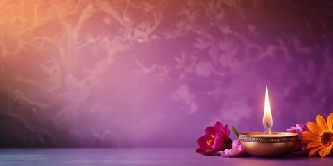Burning Diya candle with flowers decor. Warm floral banner for Happy Diwali, traditional autumn festival of lights. Indian culture holiday celebration concept with copy space at purple background.
