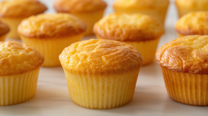 Close-up of freshly baked, golden muffins arranged on a smooth surface, highlighting their fluffy texture and warm, appetizing appearance