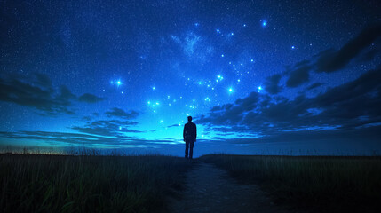 Silhouette of a person standing on a path under a vast, star-filled night sky, contemplating the beauty and mystery of the universe