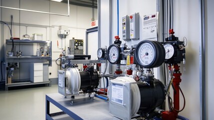 A testing facility for high-pressure pumps, where engineers are conducting performance evaluations. The scene shows a pump connected to a series of gauges and sensors, measuring factors like flow rate
