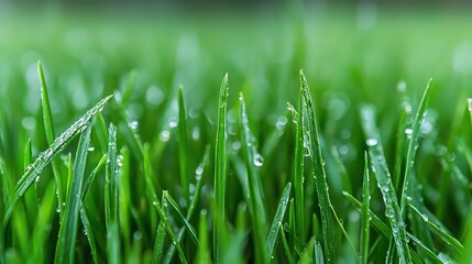 Close-up of fresh green grass blades adorned with water droplets, showcasing nature's beauty and tranquility.