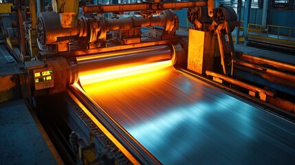 A view of metal sheets being rolled through a large industrial machine in a steel mill