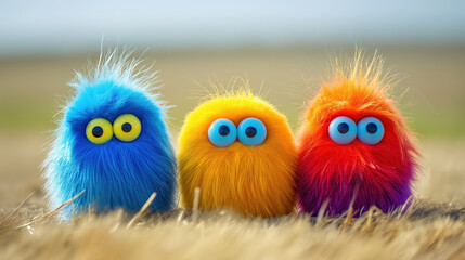 Fototapeta premium Three fluffy, colorful creatures with big blue eyes sitting on a field, exuding cuteness and whimsy in vibrant shades of blue, yellow, and orange