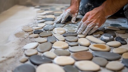 A worker is installing pebble mosaic tiles on the floor of a spa-like bathroom
