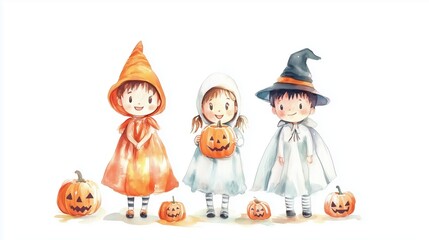 Fototapeta premium Children in Halloween costumes, cute kids in witch hats and robes, holding pumpkin lanterns, spooky season, Halloween celebration concept