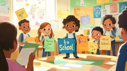 A classroom filled with smiling elementary students, holding "Back to School" signs and posters, with a teacher leading them in a fun 
