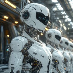Fototapeta premium White Robots in Line Futuristic Artificial Intelligence