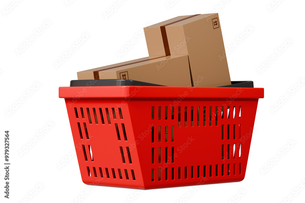 Wall mural 3d shopping cart basket with cardboard boxes inside cart icon isolated on purple background. online 