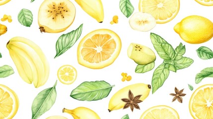 Seamless pattern featuring fruits such as banana lemon ginger anise and mint Watercolor hand drawn illustration suitable for wallpaper print or background design Graphic resource
