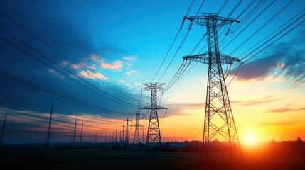 High-contrast image of power lines and electricity towers against the backdrop of a blue sky at sunset, symbolizing energy technology and renewable energy.
