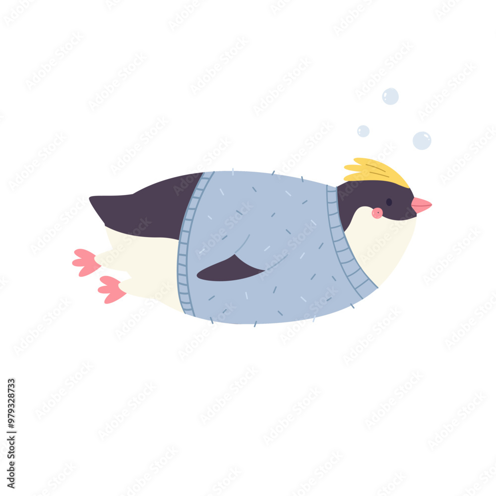 Wall mural Playful cartoon vector illustration of a penguin swimming in a knitted sweater