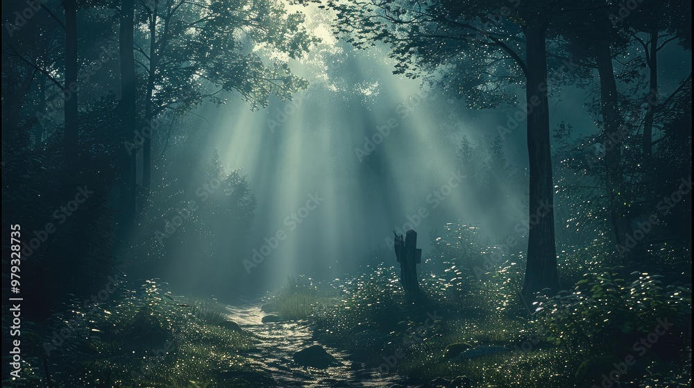 Poster a mystical forest at dusk, with beams of light and mist. at the end of the path. generative ai.