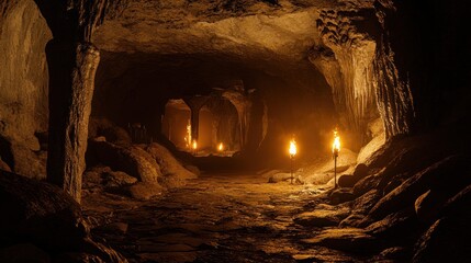 Cave, ancient, dim, there are primitive torches on the rock wall, the ground in the cave, film and television stills