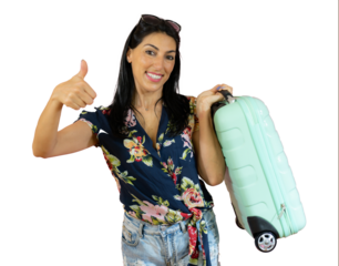 Portrait of a traveler latin woman wears summer casual clothes hold suitcase isolated on plain over transparent background studio. Tourist travel abroad in free spare time rest getaway.