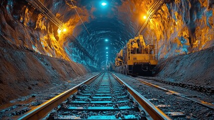 Naklejka premium photo of an old coal mine with yellow and black machinery, cranes, metal chains on tracks in the underground tunnel, abandoned and decaying.
