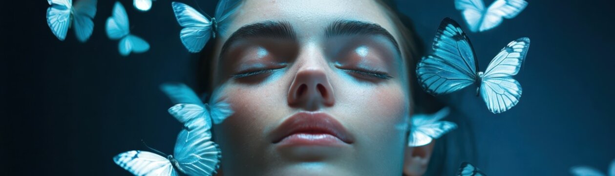 A serene portrait of a young woman surrounded by ethereal butterflies against a soft blue background, embodying tranquility and beauty.