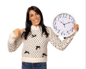 portrait of a beautiful young woman holding a big clock isolated over transparent background.