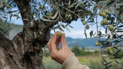 A hand picking a ripe olive from an old olive tree with gnarled branches. The tree is adorned with olives in various shades of green