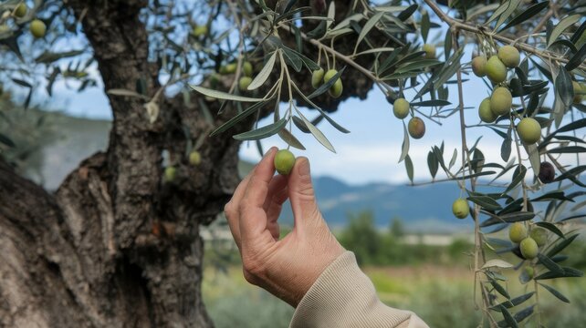 A hand picking a ripe olive from an old olive tree with gnarled branches. The tree is adorned with olives in various shades of green