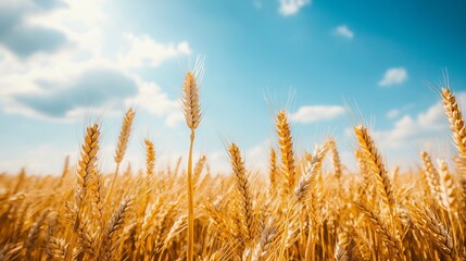 Fototapeta premium Golden Wheat Field with Blue Sky and Sunlight - AI generated illustration