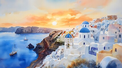 Watercolor painting of a sunset in Santorini, with cruise ships at sea