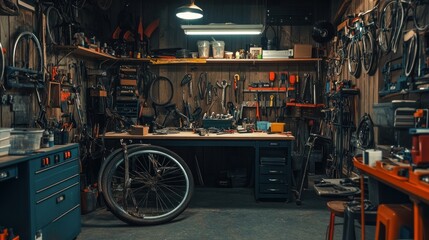 Fototapeta premium Inside a contemporary bike shop or garage outfitted with a wide range of high-end tools and machinery. bike maintenance, upgrades, and repairs. Broken bicycle wheel on the table