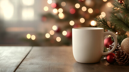 A white blank mug mockup with Christmas decorations and bokeh lights in the background