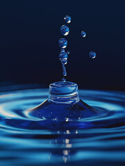 rozpluskująca się w wodzie spadająca kropla na granatowym tle.