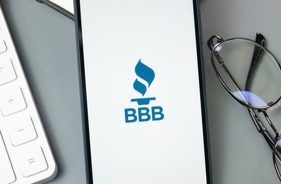 New York, USA - 30 August 2024: Better Business Bureau BBB Logo on Phone Screen, Company Icon on Display