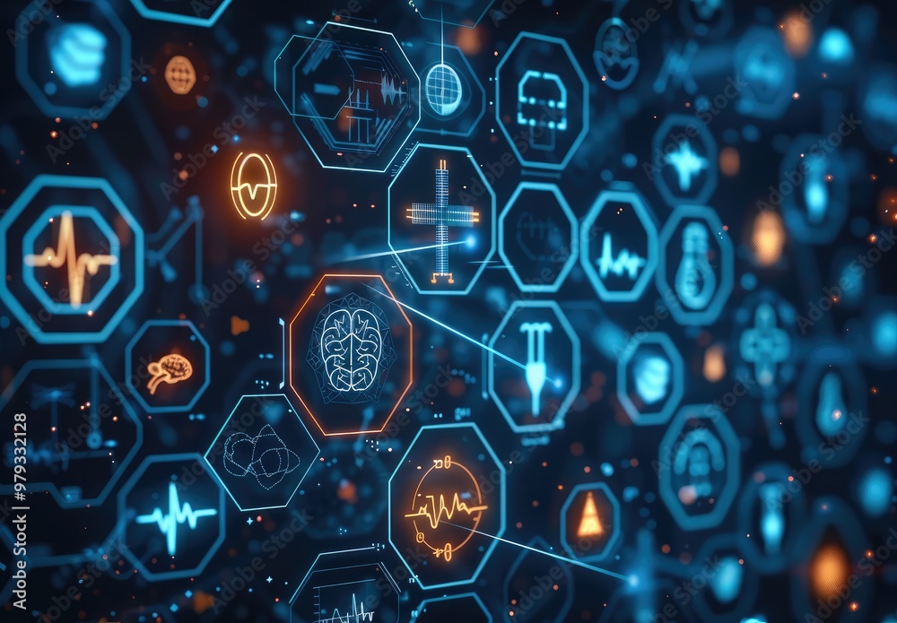 Poster a futuristic digital interface with medical symbols and icons floating in a dark blue background. th