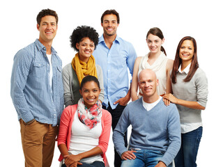 Business, happy and portrait with team in studio with collaboration for NGO project and operational support. Diversity group, smile and startup organization for community outreach on white background