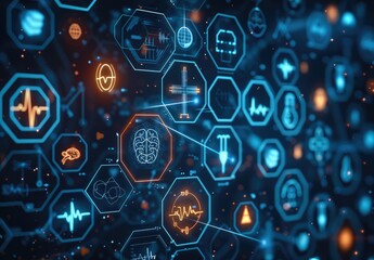 A futuristic digital interface with medical symbols and icons floating in a dark blue background. The icons are arranged in circular bubbles, include a heart rate monitor, brain, test tube.