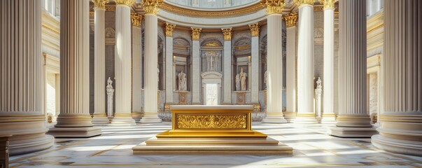 Roman podium adorned with gold accents, framed by towering columns and marble floors in a grand Roman basilica, luxury product showcase, Roman imperialism