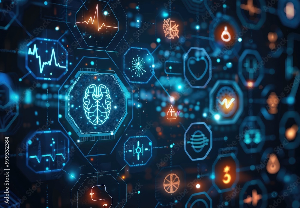 Poster A futuristic digital interface with medical symbols and icons floating in a dark blue background. The icons are arranged in circular bubbles, include a heart rate monitor, brain, test tube.