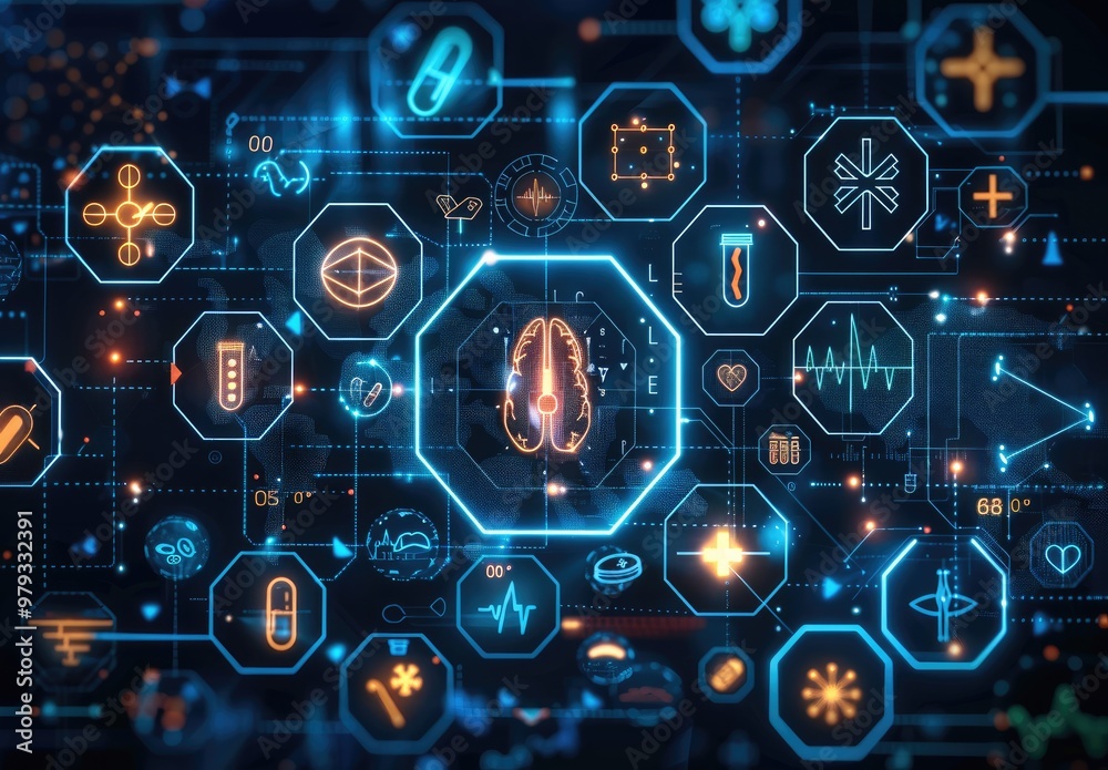 Poster a futuristic digital interface with medical symbols and icons floating in a dark blue background. th