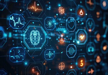 A futuristic digital interface with medical symbols and icons floating in a dark blue background. The icons are arranged in circular bubbles, include a heart rate monitor, brain, test tube.