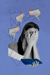 Vertical photo collage young girl cover face hide smartphone social media bullying humiliation...