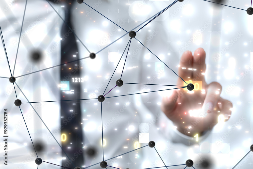 Poster Neural network 3D illustration. Big data and cybersecurity