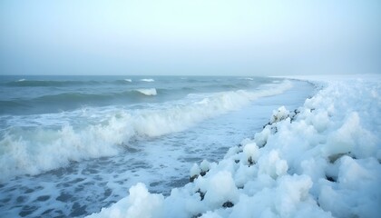 Obraz premium frozen ocean waves on a winter morning, with ice formations along the shoreline and a pale blue sky background wallpaper