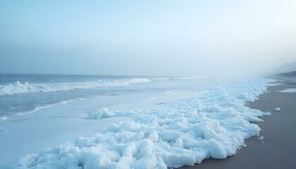Obraz premium frozen ocean waves on a winter morning, with ice formations along the shoreline and a pale blue sky background wallpaper