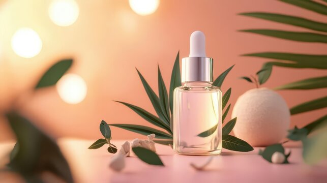 Skincare serum with palm leaves and herbs, cute cartoon decorations around the product, soft, warm lighting, serum, skincare, cartoon style, product display