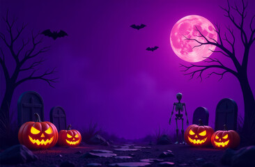 Fototapeta premium Halloween illustration card design of a cemetery with pumpkins, bats, skeletons and graves on a purple background. 