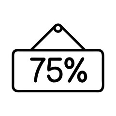 Outlined 75% discount hanging sign, black and white, promotional sale icon