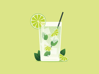 Mojito Cocktail With Lime And Mint Flat Vector Design