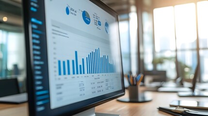 Computer Monitor Displaying Business Charts and Graphs in an Office Setting