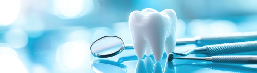 Dental model and dental equipment on blue background, concept image of dental background. dental hygiene background