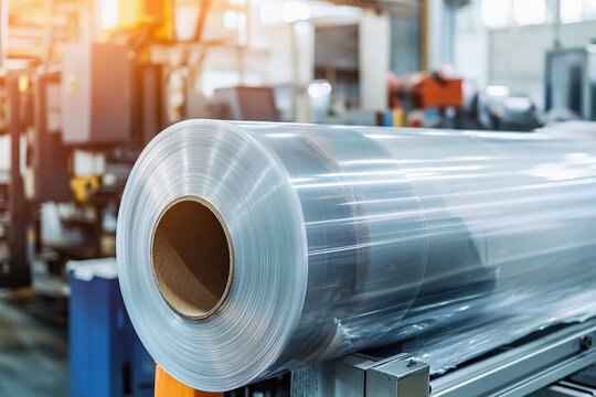 roll of plastic film is undergoing processing on industrial machinery in a factory