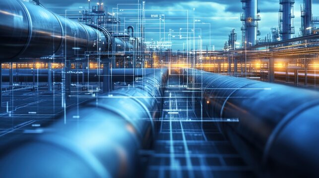 An industrial scene showcasing pipeline engineering and design services. The image emphasizes precision and professionalism in oil, gas, and utility infrastructure projects