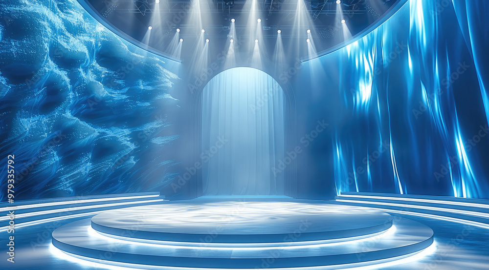 Poster A massive circular runway stage with a white runway that is also circular. The main color scheme is blue. Light is projected from above, creating a sense of technology and futurism. Generative AI.