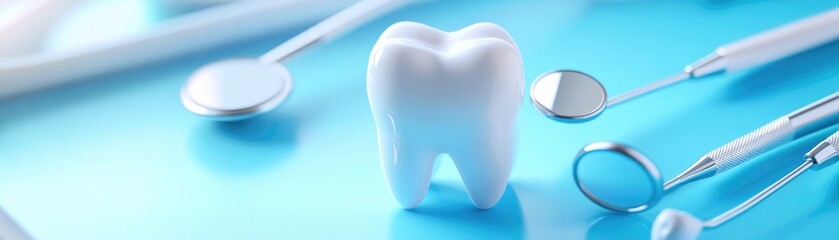 Dental model and dental equipment on blue background, concept image of dental background. dental hygiene background
